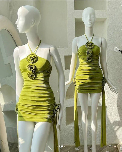 Ruched Bodycon Tie Halter-neck Sleeveless Shorts Dress